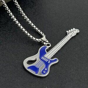 Large Blue Guitar Pendant Necklace #1462